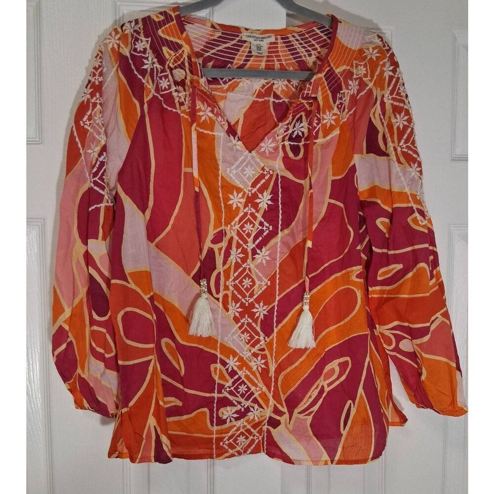 Christian siriano womens medium peasant blouse rust orange tassle split neck